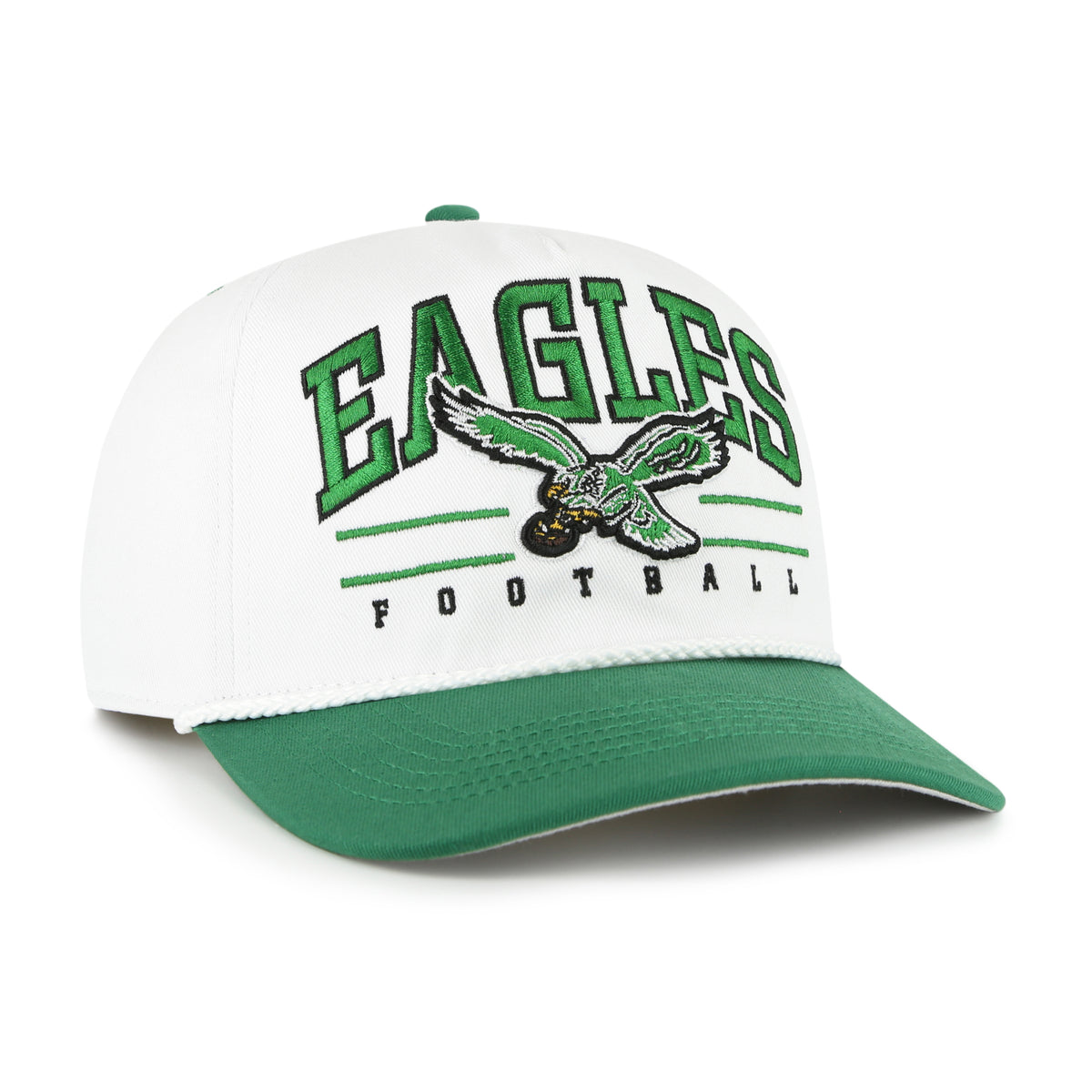 Philadelphia Eagles NFL Roscoe Rope ’47 Hitch color Blanco, corona blanca y visera verde semicurva, águila sujetando un balón e inscripciones EAGLES y FOOTBALL bordadas al frente, cordón decorativo blanco, emblema ’47 verde lateral y ajuste snapback.