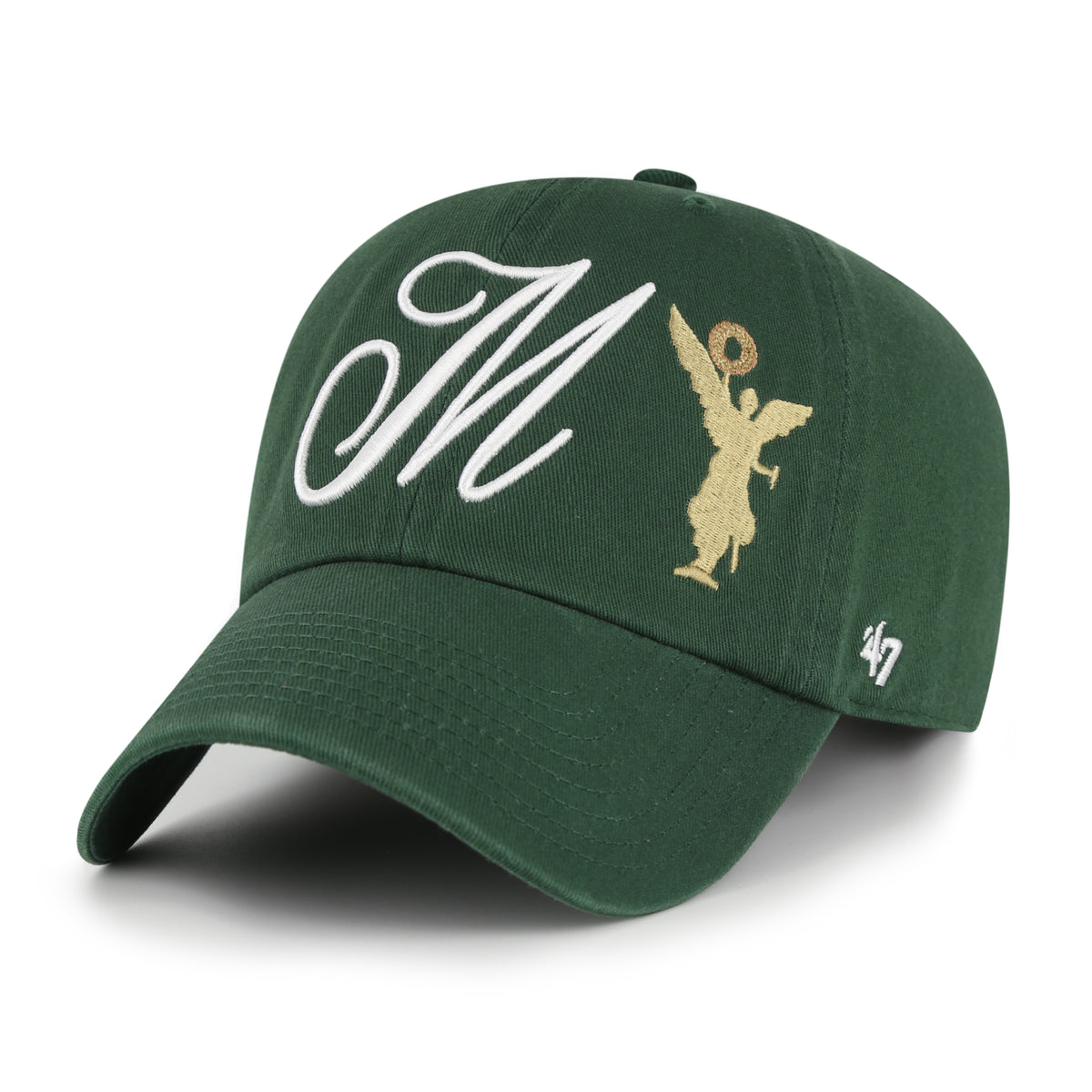 Gorra '47 Clean Up México Collection City Icon verde oscuro en algodón con Ángel de la Independencia y M bordados al frente, guitarra bordada en la espalda y strapback ajustable