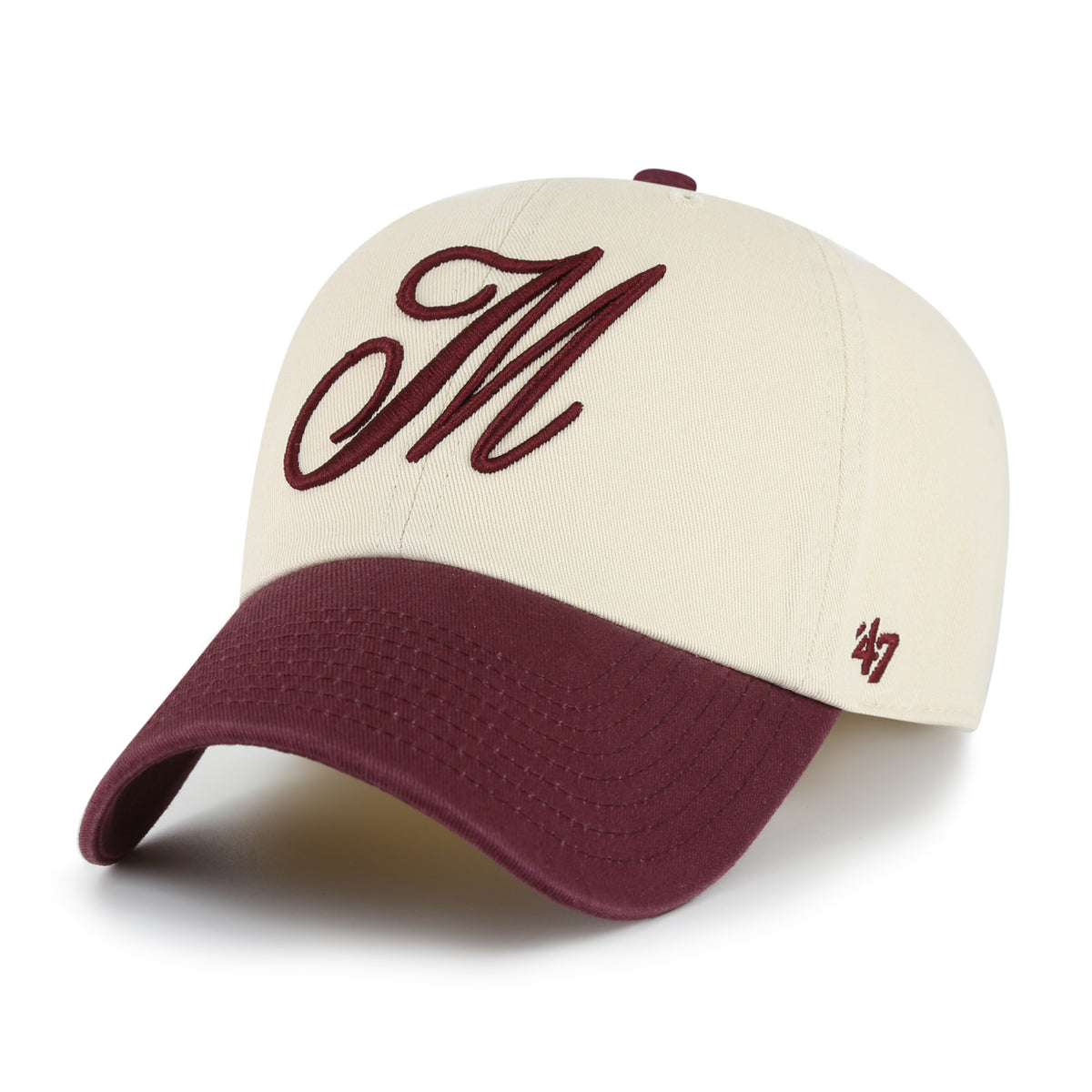 Gorra '47 Clean Up México Collection Two Tone beige con granate, en algodón con M bordada al frente y strapback ajustable