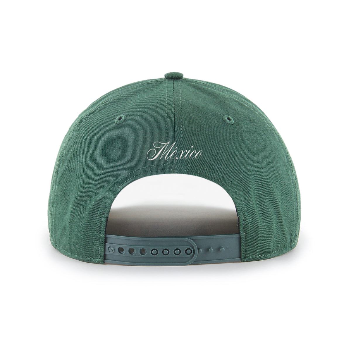 Gorra '47 Hitch México Collection verde oscuro en algodón con M bordada al frente, bandera de México en lado derecho y snapback ajustable
